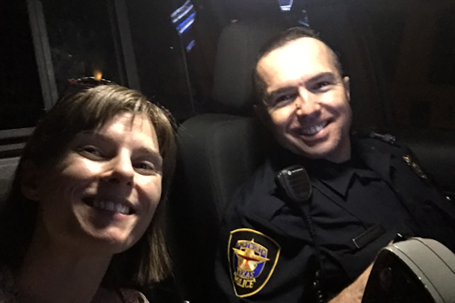 US+art+teacher+Lauren+Cunningham+and+Fort+Worth+Police+Officer+Armendiaz+take+a+selfie+during+Cunningham%27s+ride-in+experience.+